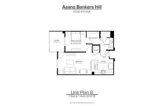 A drawing of a floor plan for a unit at Asano Bankers Hill.
