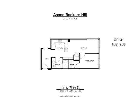A drawing of a floor plan for a unit at Asano Bankers Hill.