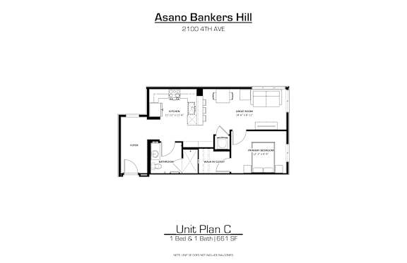 A drawing of a floor plan for a unit at Asano Bankers Hill.