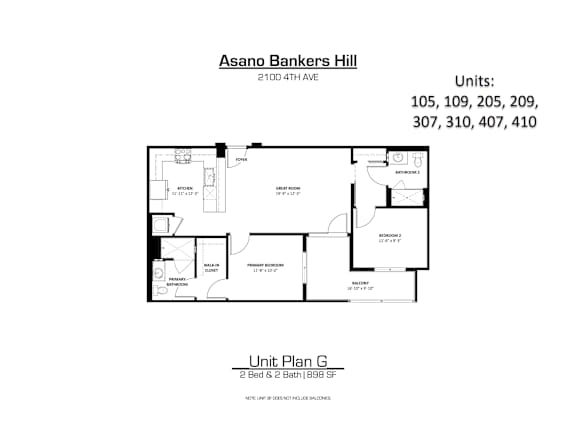 A floor plan for a 2 bedroom, 2 bath apartment at Asano Bankers Hill.