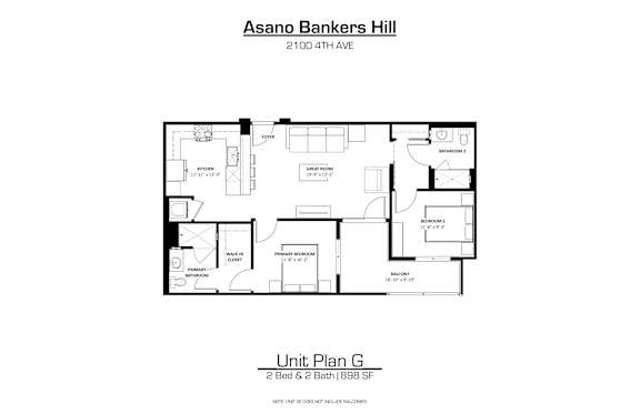 A floor plan for a 2 bedroom, 2 bathroom apartment at Asano Bankers Hill.