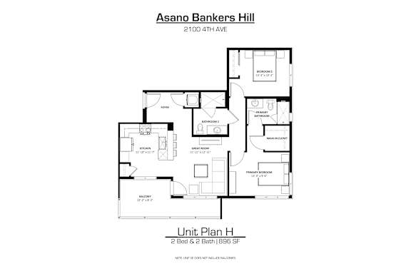 A floor plan for a 2 bedroom, 2 bathroom apartment at Asano Bankers Hill.