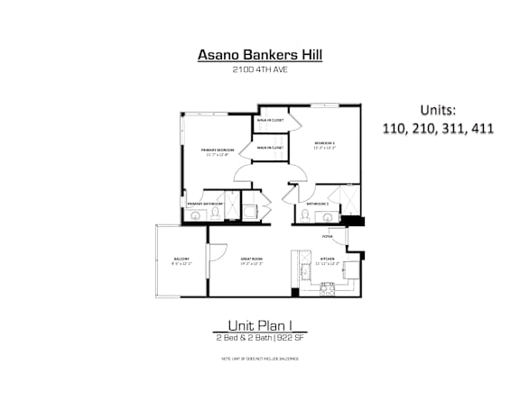 A floor plan for a unit at Asano Bankers Hill showing two bedrooms and two bathrooms.