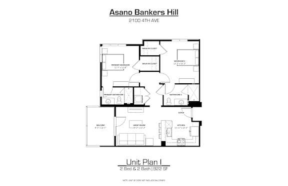 A floor plan for a 2 bedroom, 2 bathroom unit at Asano Bankers Hill.