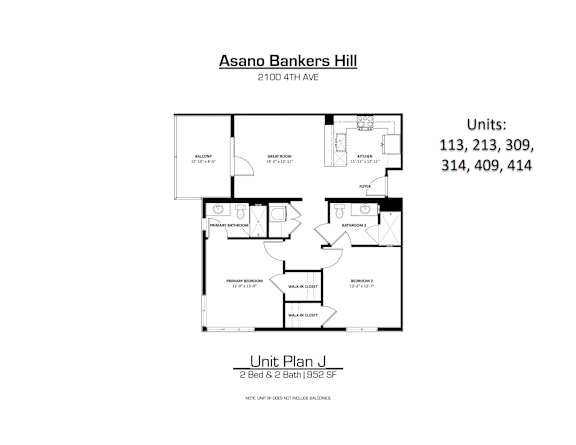 A drawing of a floor plan for a unit at Asano Bankers Hill.