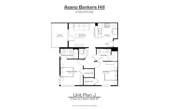 A floor plan for a 2 bedroom apartment at Asano Bankers Hill.