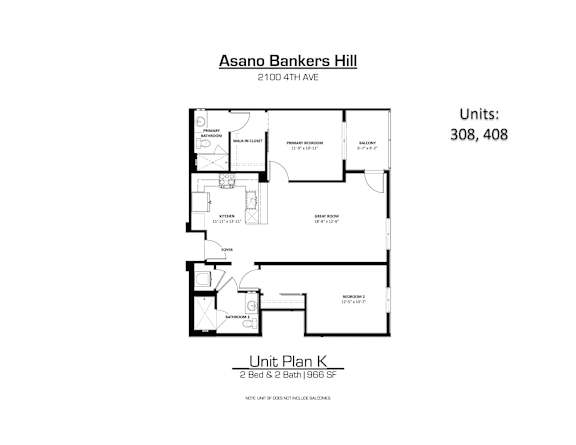 A floor plan for a unit at Asano Bankers Hill showing two bedrooms and two baths.