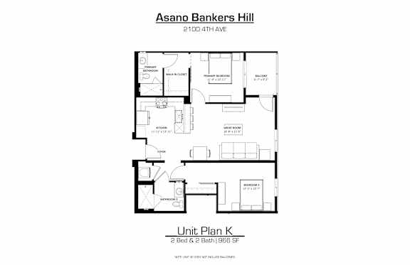 A floor plan for a 2 bedroom, 2 bathroom apartment at Asano Bankers Hill.