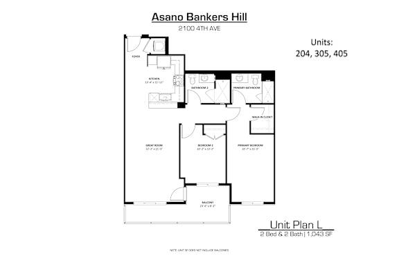 A floor plan for a unit at Asano Bankers Hill showing a 2 bedroom, 2 bathroom layout.