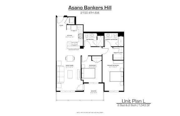 A drawing of a floor plan for a 2 Bed and 2 Bath unit at Asano Bankers Hill.