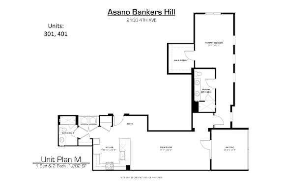 A floor plan for a unit at Asano Bankers Hill shows a total of 1,202 square feet.