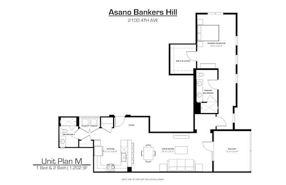 A floor plan for a unit at Asano Bankers Hill shows a living room, dining room, kitchen, and two bedrooms.