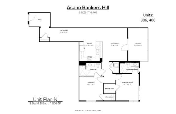 A drawing of a floor plan for a unit at Asano Bankers Hill.