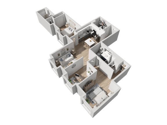 an aerial view of a 3d floor plan of a house