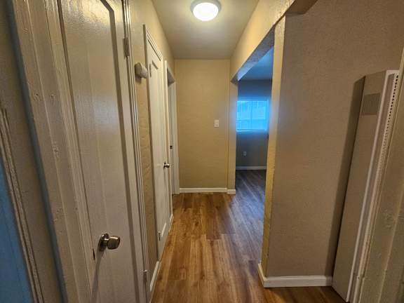 A hallway with a light on the ceiling and a door on the left.