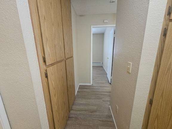 A hallway with wooden doors and a grey carpet.