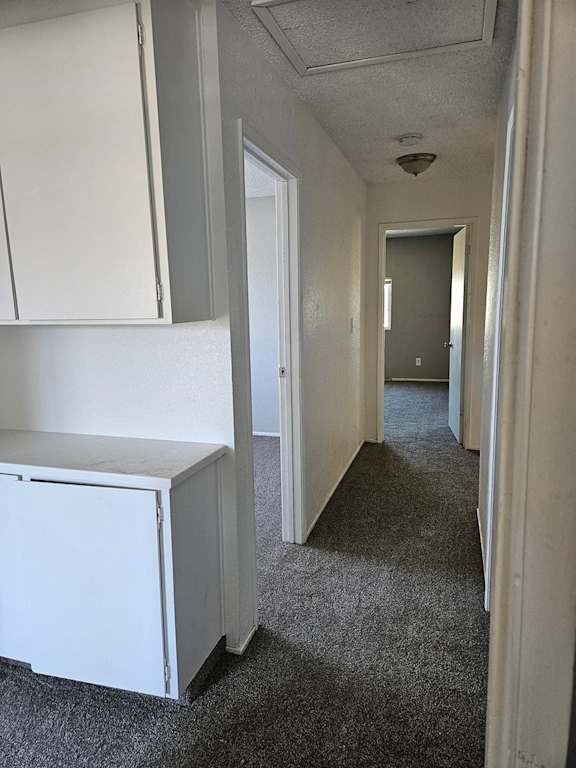 a hallway with white cabinets and a white refrigerator     and a door