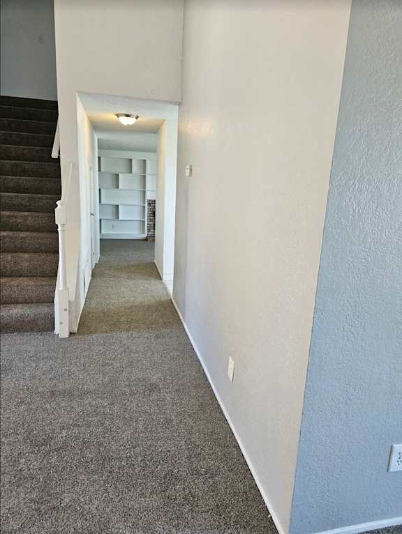 a carpeted hallway with stairs leading up to a house