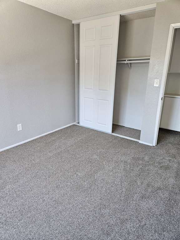 a bedroom with a closet and a carpeted floor