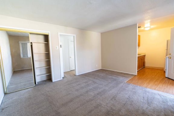 an empty living room with a mirrored closet and a bathroom
