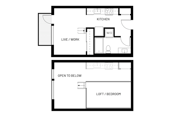 A floor plan of a house with a kitchen, living/work area, and loft/bedroom.