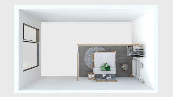 A white room with a shelf and a clock on the wall.