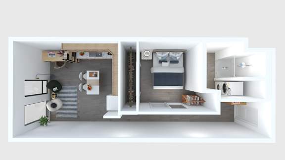 A modern, minimalist bathroom with a walk-in shower and a separate toilet area.