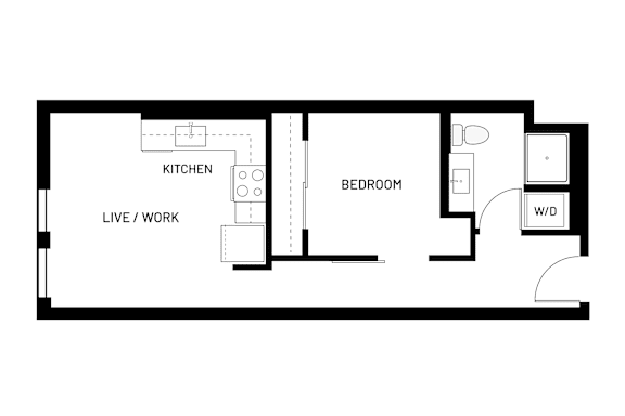 A floor plan of a small apartment with a kitchen, bedroom, and a live/work area.