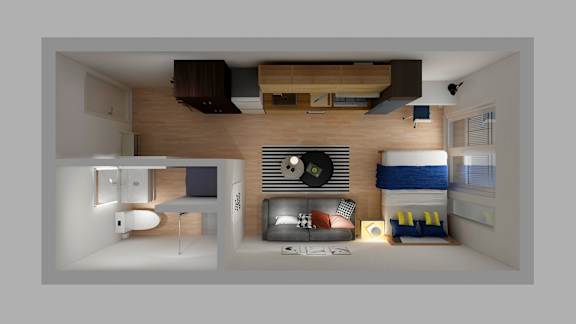 a 3d rendering of a bedroom and living room