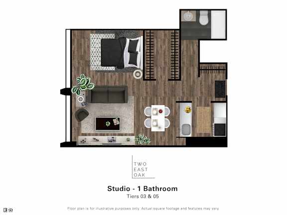 A floor plan of a studio apartment with a bathroom.