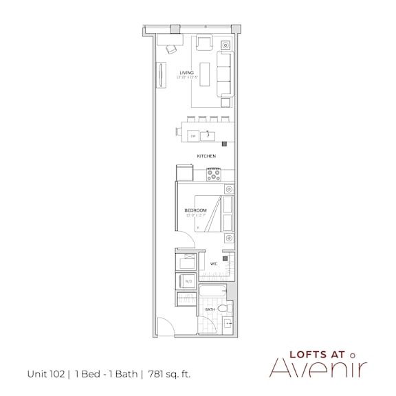 A floor plan for a one bedroom apartment with one bathroom.