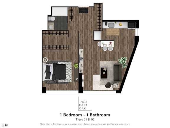 A floor plan of a two-bedroom, one-bathroom apartment at Tiers 01 & 02.