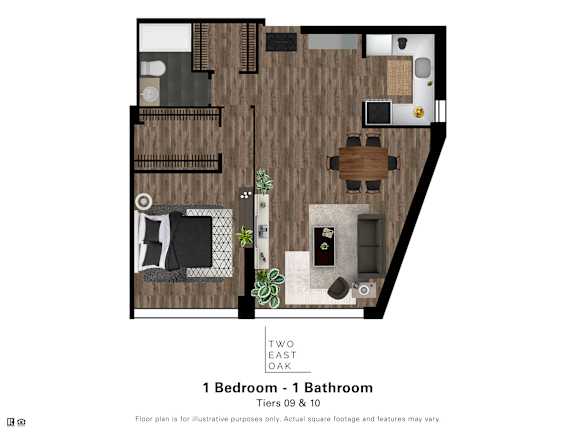 A floor plan of a bedroom and bathroom with a wood floor.