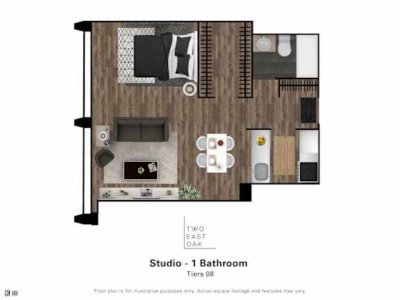 A floor plan of a studio apartment with a bathroom and a kitchen.