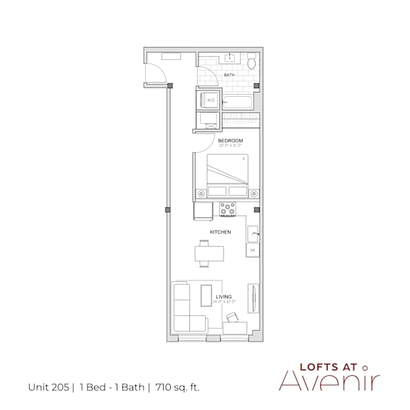 A floor plan of a one bedroom apartment with a bathroom and a living room.