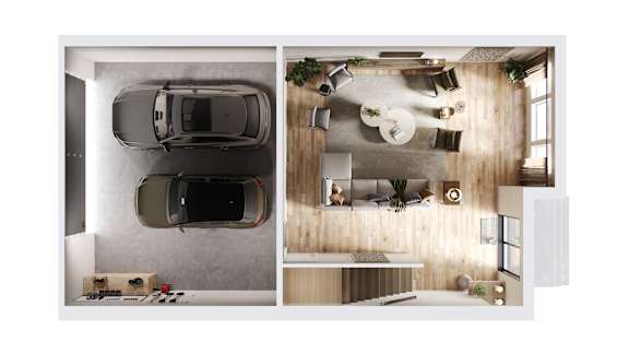A car is parked in a garage attached to a house.