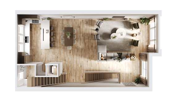 A top-down view of a modern, minimalist living space with a dining area and kitchen.