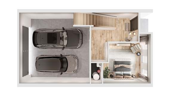 A top-down view of a car garage with two cars parked inside.