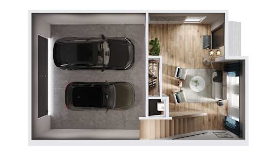 A modern bathroom with a double sink and a large mirror.