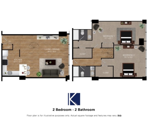 the floor plan of 2 bedroom 2 baths