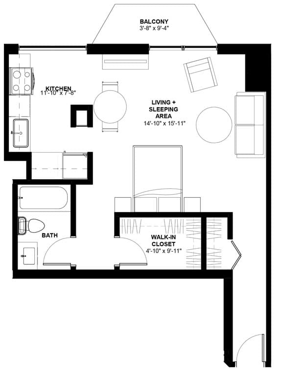 a floor plan of a small house with a bedroom and a living room