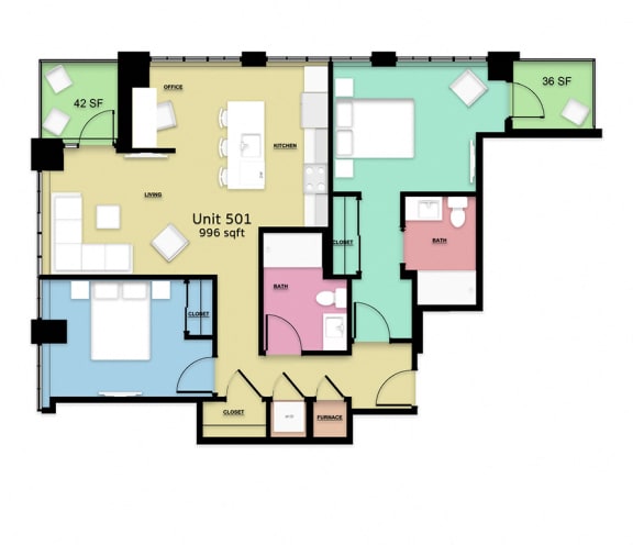 floor plan of a 3 bedroom apartment with a 1122 sq ft floor plan