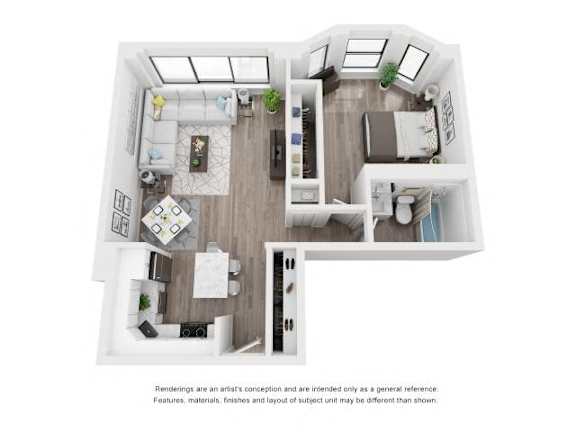 A top-down view of a small apartment with a kitchen, living room, and bedroom.
