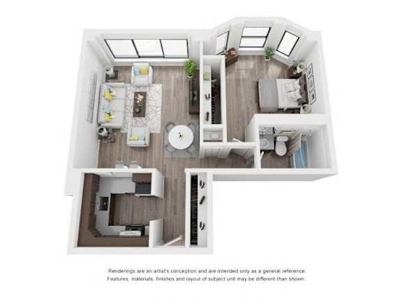 A floor plan of a house with a kitchen, living room, dining room, and bathroom.