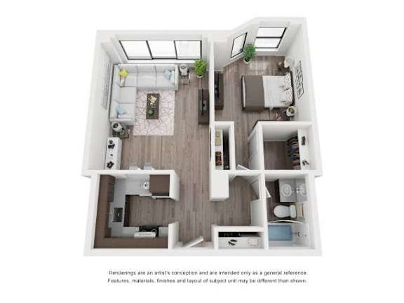 A white floor plan of a house with a kitchen, living room, and two bedrooms.