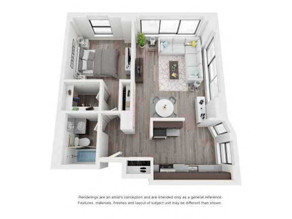 A white floor plan of a house with a kitchen, living room, and bathroom.