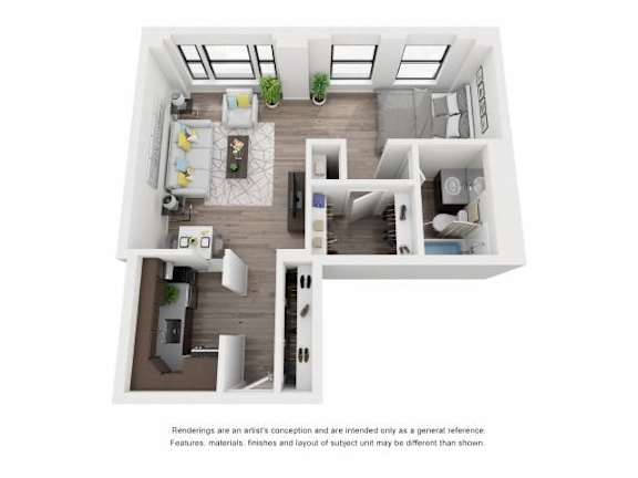 A 3D floor plan of a house with a living room, kitchen, dining room, and bedrooms.