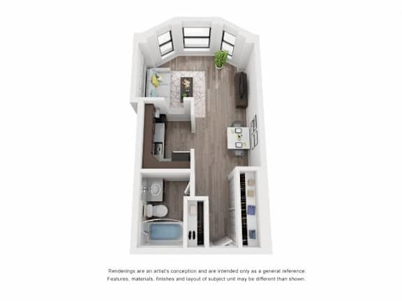 A white floor plan of a small apartment with a kitchen, living room, and bathroom.