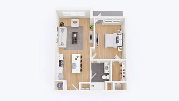 A top-down view of a small apartment with a kitchen, living room, and bedroom.