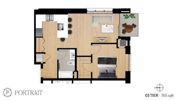 a floor plan of a small apartment with a bathroom and a bedroom
